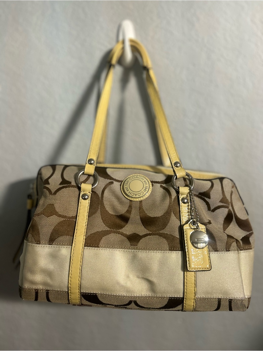 COACH Vintage Signature Stripe Zip Satchel Beige & Pastel Yellow - Style 23771